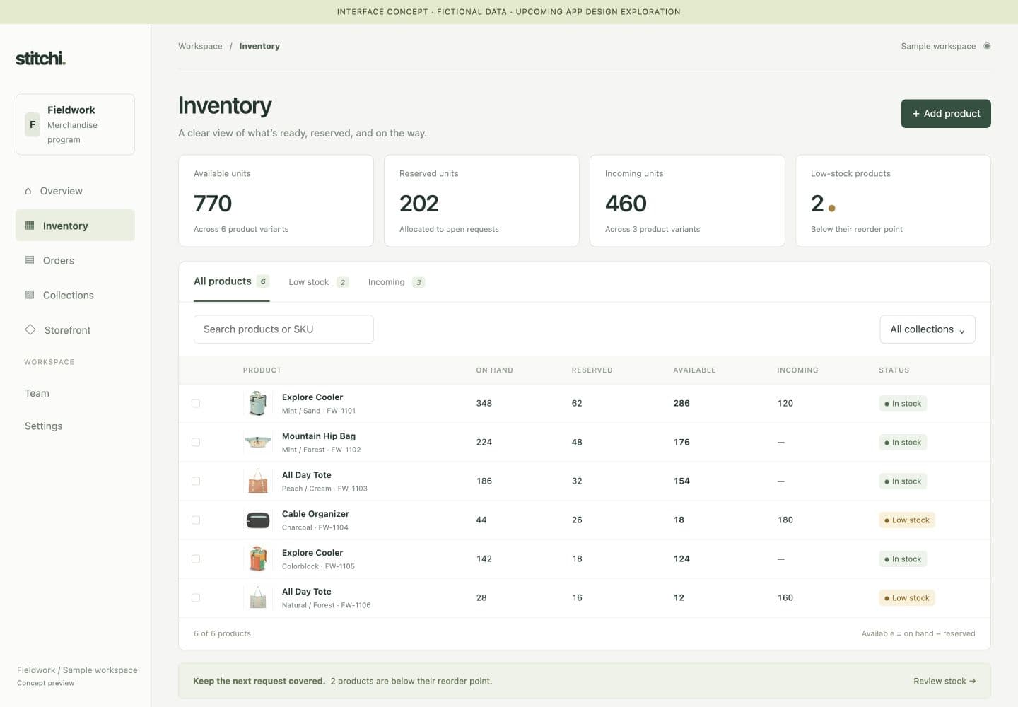 Inventory interface with fictional data