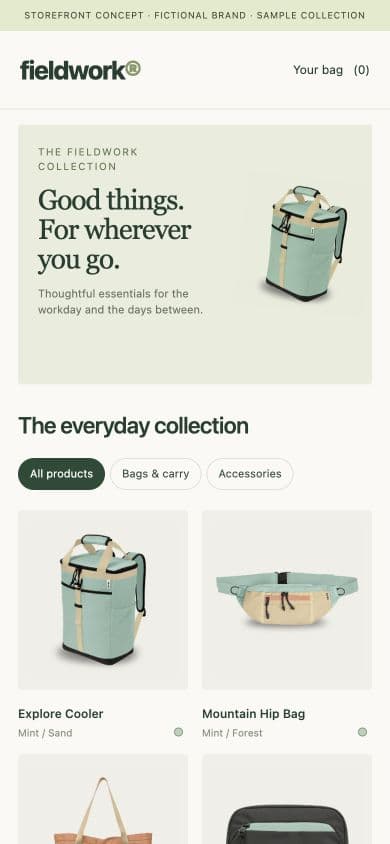 Illustrative Fieldwork storefront on mobile