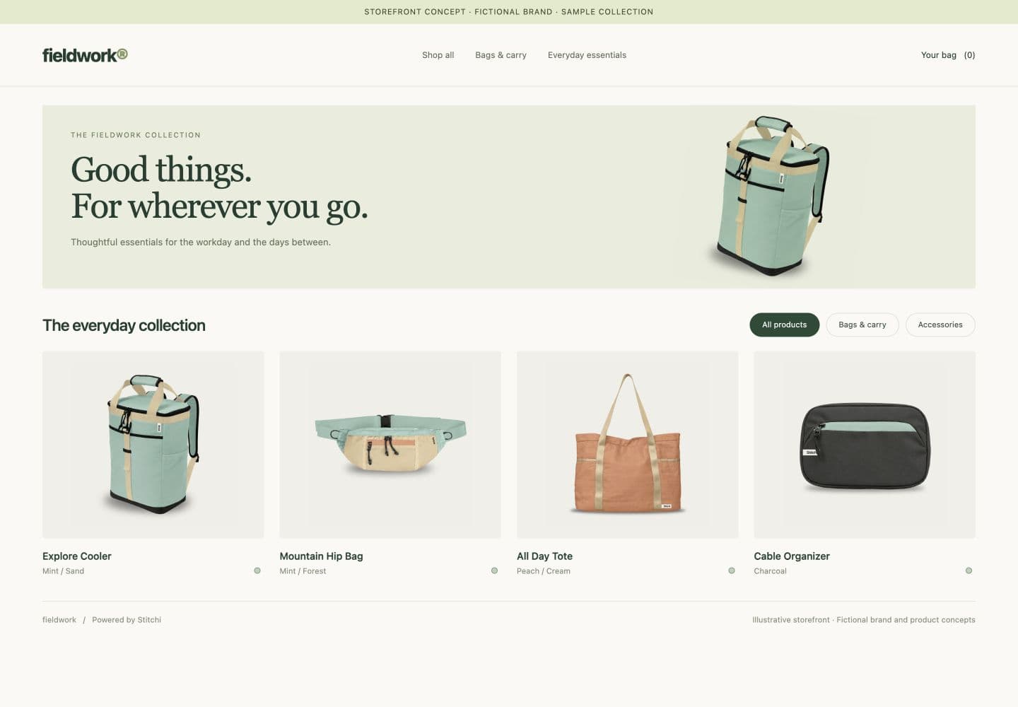 Illustrative storefront with fictional Fieldwork collection