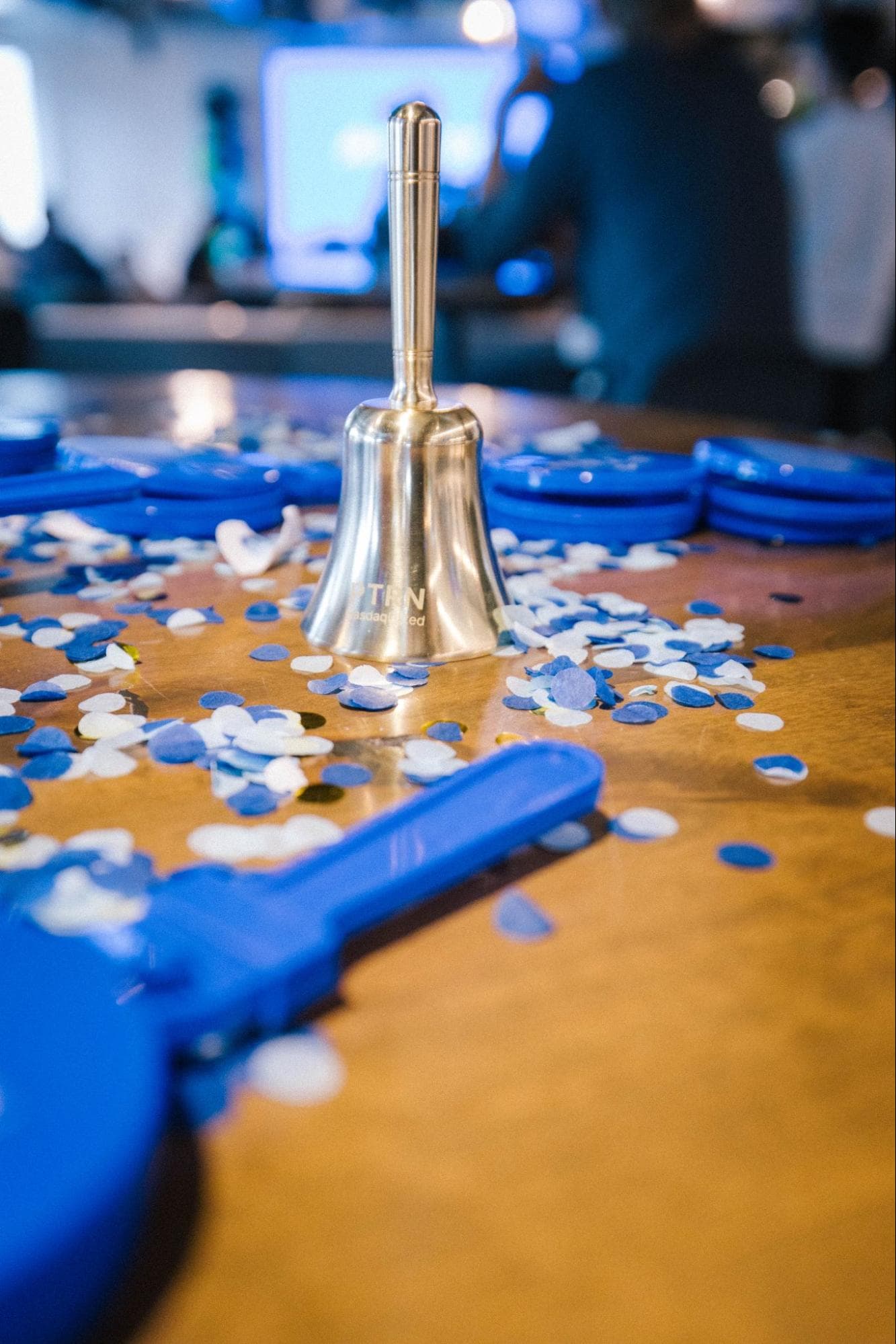 Pattern’s engraved celebration bell, blue clappers and confetti for its Nasdaq IPO.